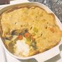 Picture of cooked chicken pot pie in casserole dish