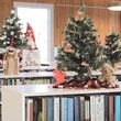 Tiny Christmas trees on top of library book shelves