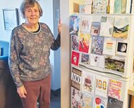 Grace Hubbard standing next to refrigerator covered with birthday cards.