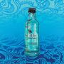 Image of oil painting of water bottle with bright blue ocean background.