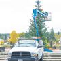 Kevin Palaniuk on lift applying lights to the town tree.