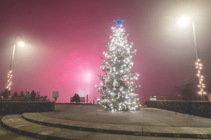 Gilkey Square with pink foggy sky.