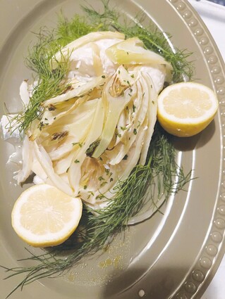Halibut with fennel on serving platter.